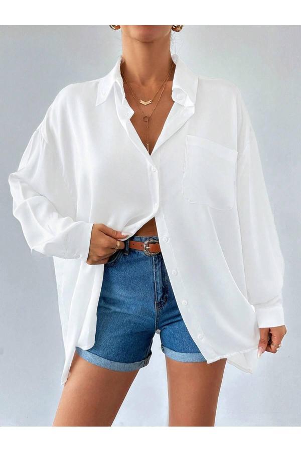 Borcka Tekstil Beyaz Pamuklu Oversize Kadın Gömlek - Image 1