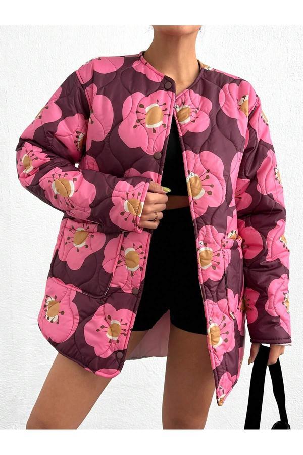 Borcka Tekstil Çiçek Desenli Kapitone Kadın Mont! - Image 1