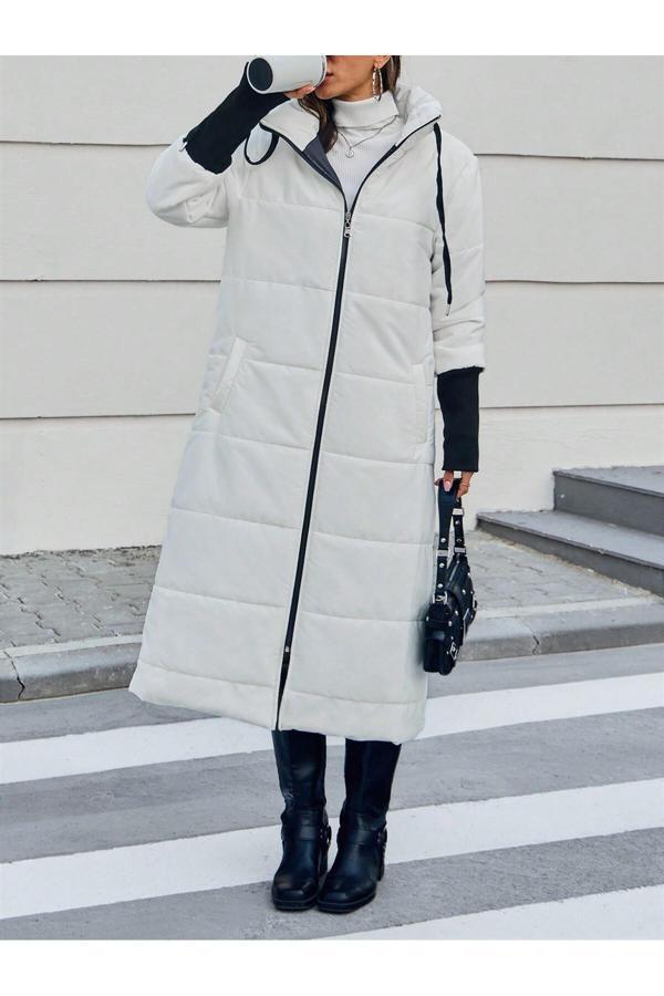 Borcka Tekstil Beyaz Renk Fermuar Detaylı Uzun Şişme Kadın Kaban - Image 1