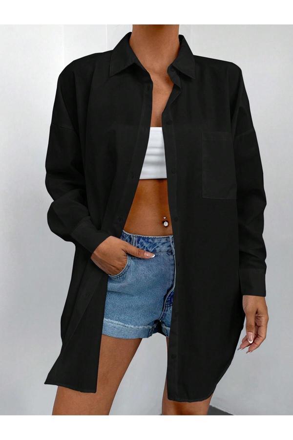 Borcka Tekstil Siyah Oversize Kadın Gömlek - Image 1