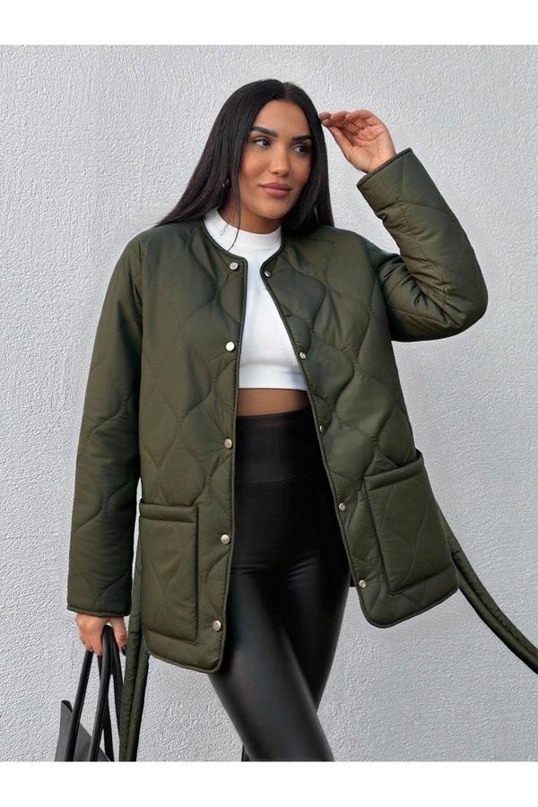 Borcka Tekstil Haki Kuşaklı Kapitone Desenli Kadın Mont - Image 1