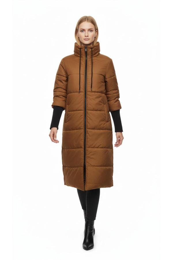 Borcka Tekstil Koyu Kahve Renk Uzun Şişme Mont - Image 1