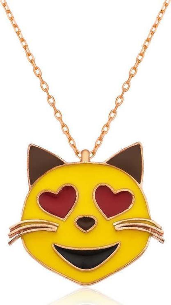 925 Ayar Gümüş Kalp Gözlü Kedi Emoji Kadın Gümüş Kolye - Image 1