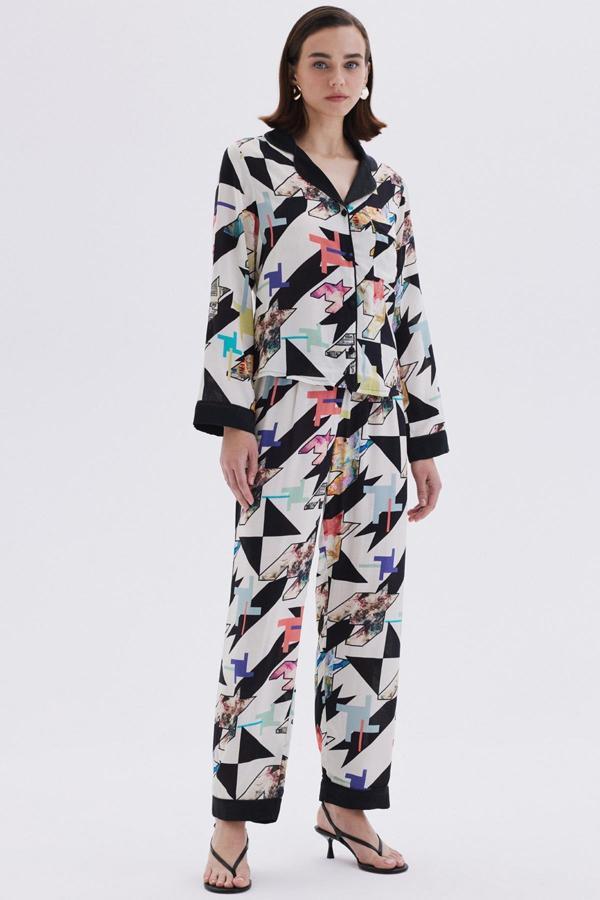 Mixte Desenli Saten Detaylı Uzun Viskon Pijama Takımı - Image 1