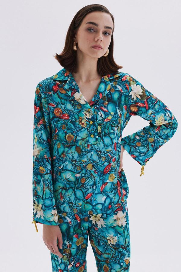 Monet's Bond Desenli  Uzun Saten Pijama Takımı - Image 1