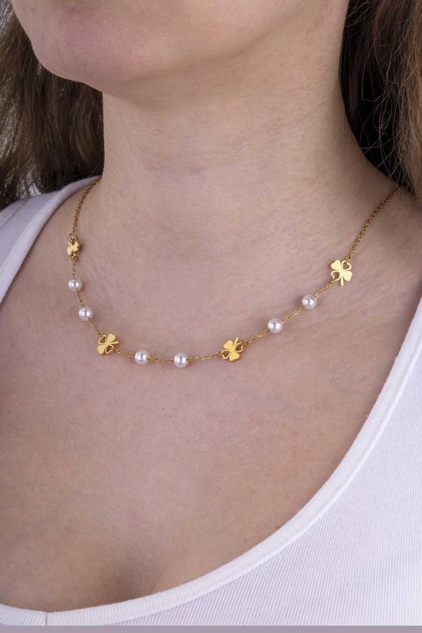 Gümüş Pazarım Yonca Geçişli İnci Model Altın Kaplama Çelik Kadın Kolye - Image 1