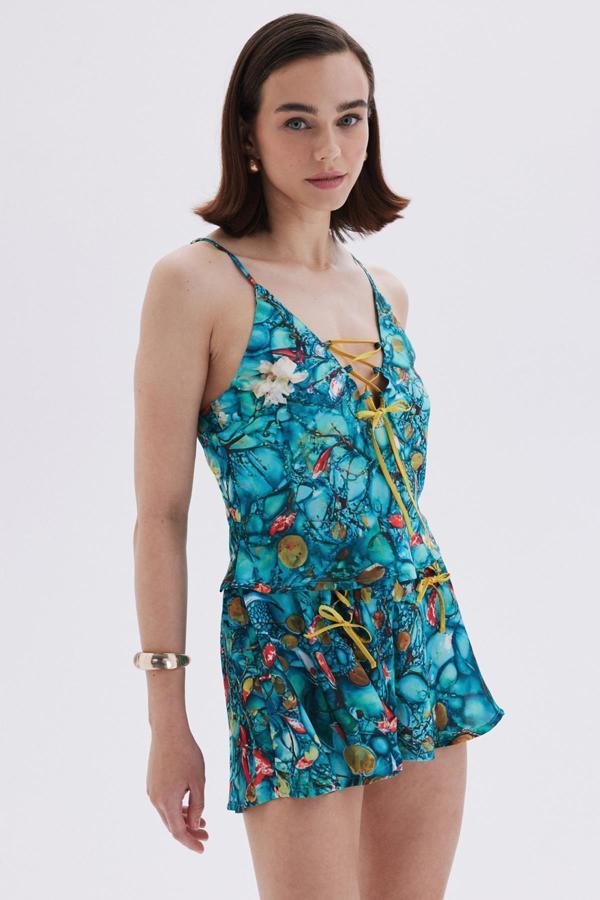 Monet's Bond Desenli Askılı Kısa Saten Pijama Takımı - Image 1