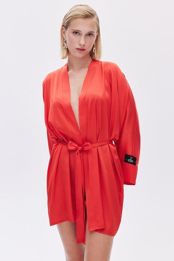 Fumée Nar Çiçeği Kısa Saten Sabahlık / Kimono - Image 1