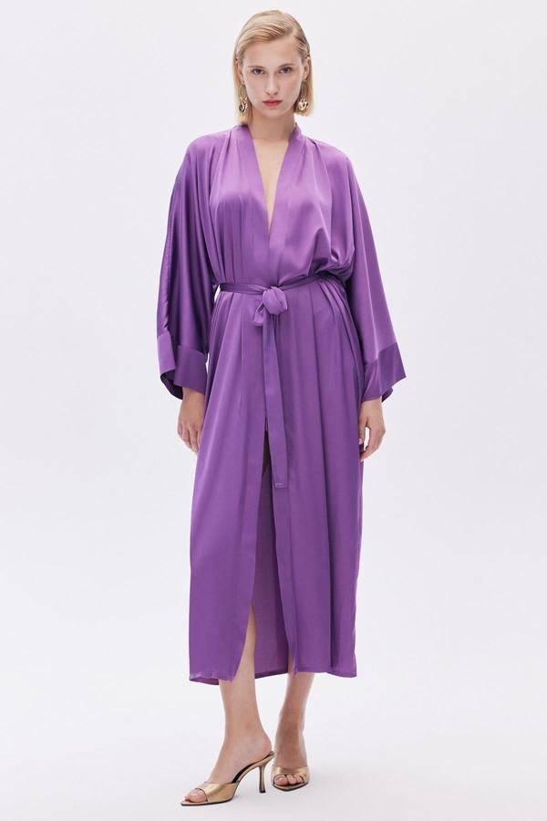 Frappant Eflatun Uzun Saten Sabahlık / Kimono - Image 1
