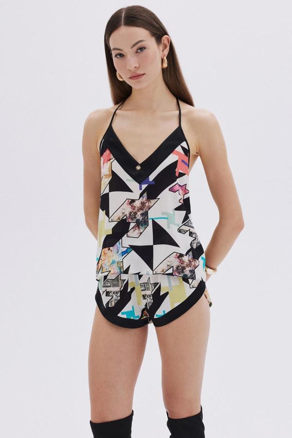 Mixte Desenli Saten Detaylı Askılı Kısa Viskon Pijama Takımı - Image 1