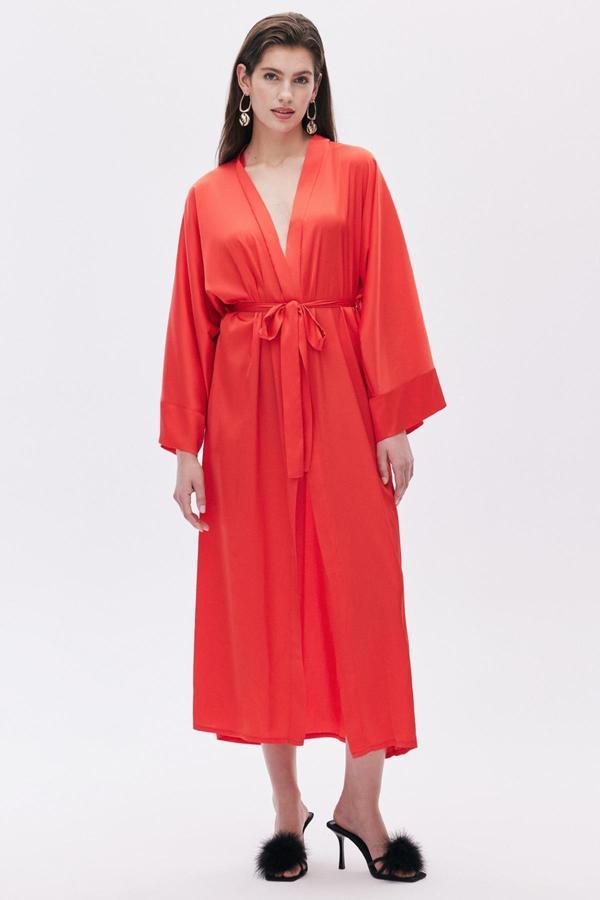 Frappant Nar Çiçeği Uzun Saten Sabahlık / Kimono - Image 1