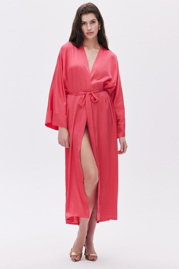 Frappant Elu Pembesi Uzun Saten Sabahlık / Kimono - Image 1
