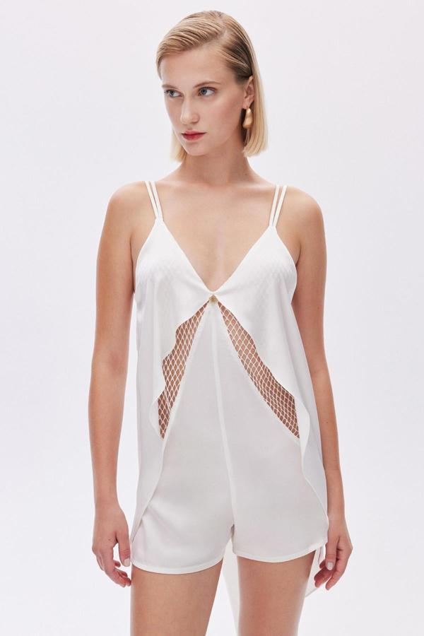 Calla Lily Ekru Dantel Detaylı Saten Tulum - Image 1