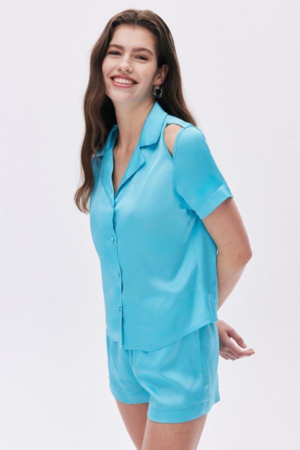 Leyiza Elu Mavisi Kısa Saten Pijama Takımı - Image 1