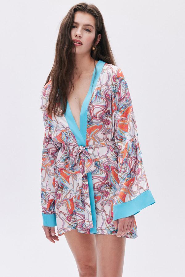 Leyiza Desenli Kısa Saten Sabahlık / Kimono - Image 1