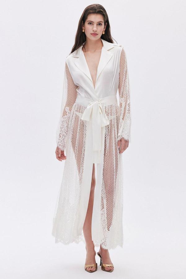 Calla Lily Ekru Dantel Detaylı Uzun Saten Sabahlık / Kimono - Image 1