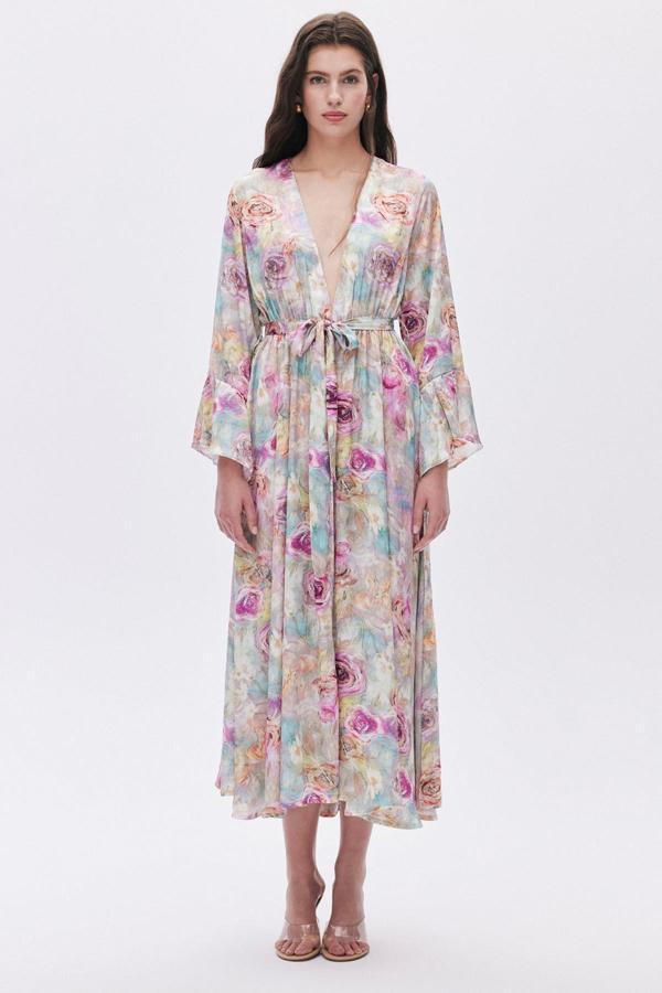 Marguerite Desenli Uzun Saten Sabahlık / Kimono - Image 1
