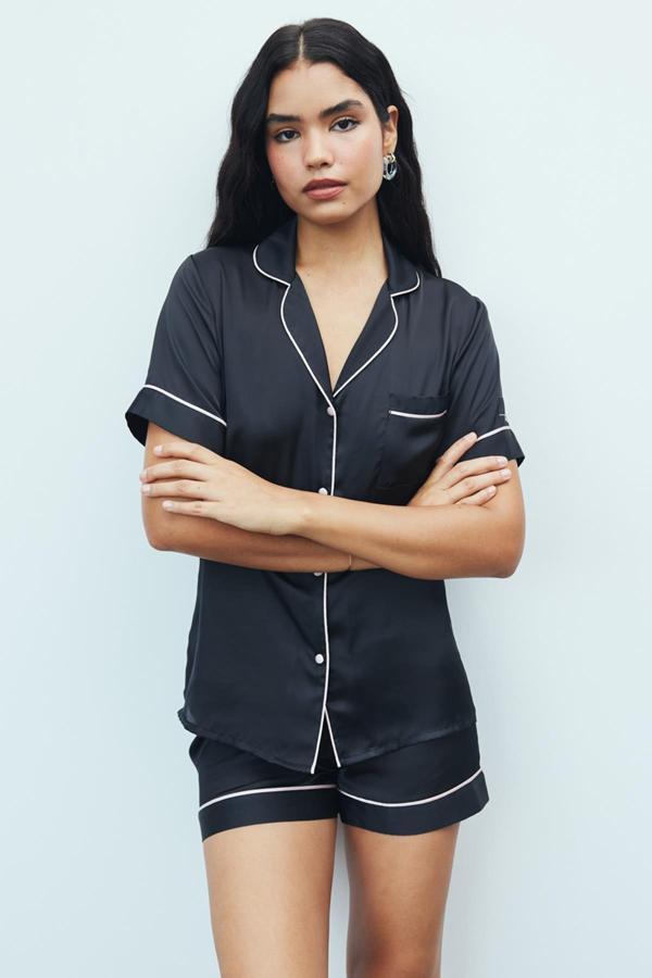 Amoureux Siyah Kısa Saten Pijama Takımı - Image 1