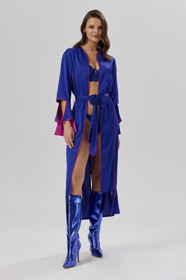 Addria Saks Mavisi Uzun Saten Sabahlık / Kimono - Image 1
