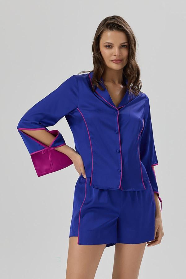 Addria Saks Mavisi Şortlu Saten Pijama Takımı - Image 1