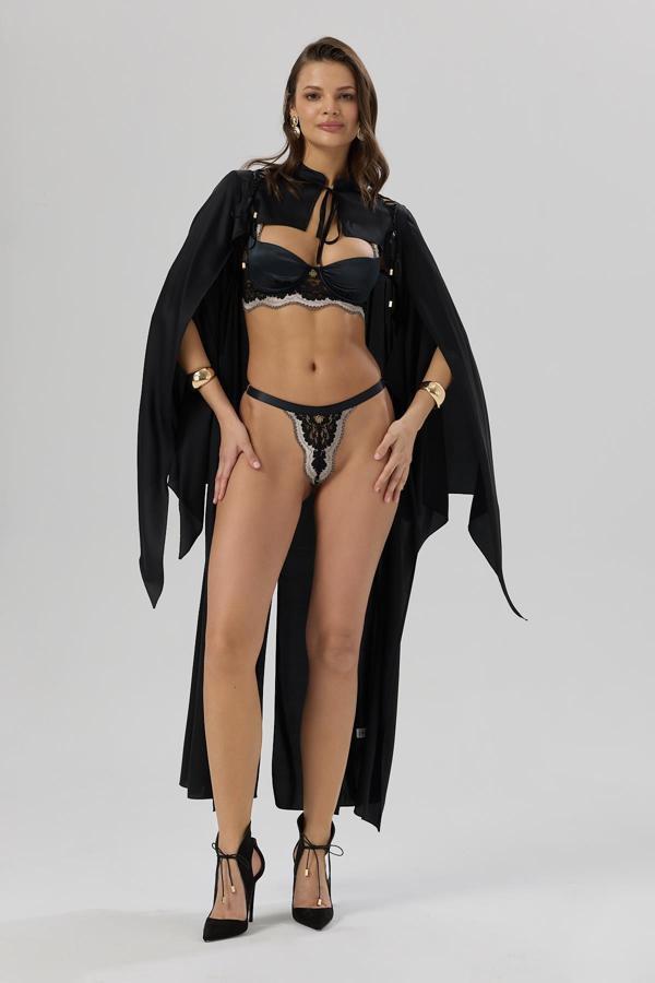 Sensure Siyah Saten Tül Detaylı Uzun Saten Sabahlık / Kimono - Image 1