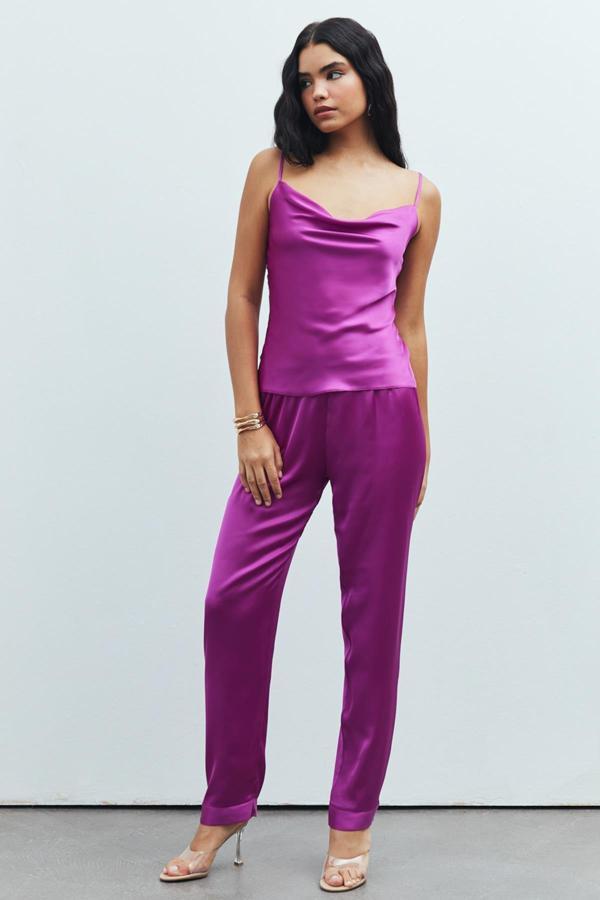 Brûleur Fuşya Degaje Yaka Askılı Uzun Saten Pijama Takımı - Image 1