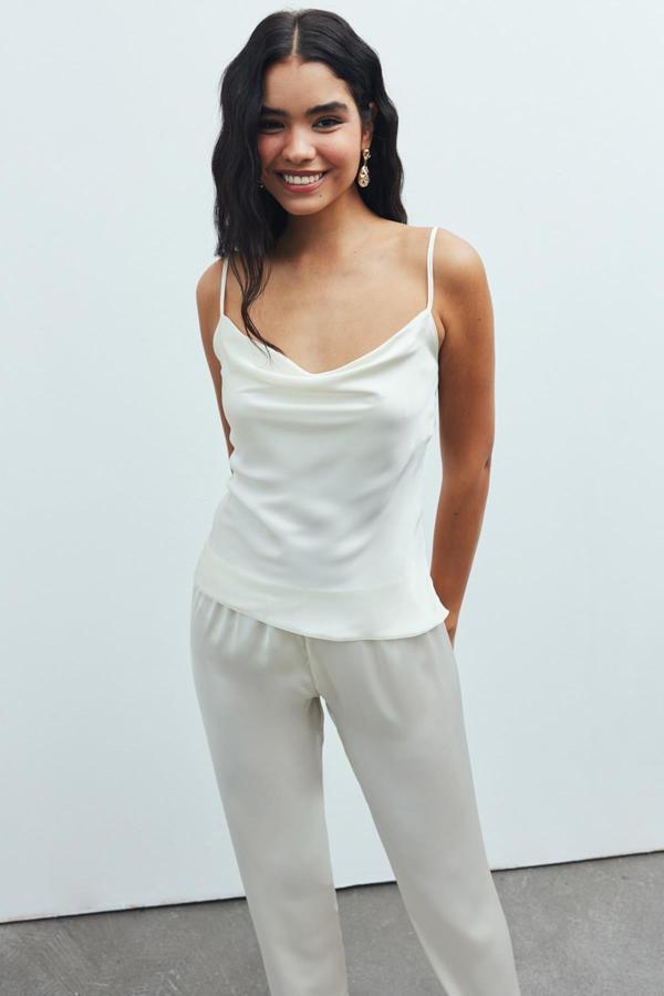 Brûleur Ekru Degaje Yaka Askılı Uzun Saten Pijama Takımı - Image 1