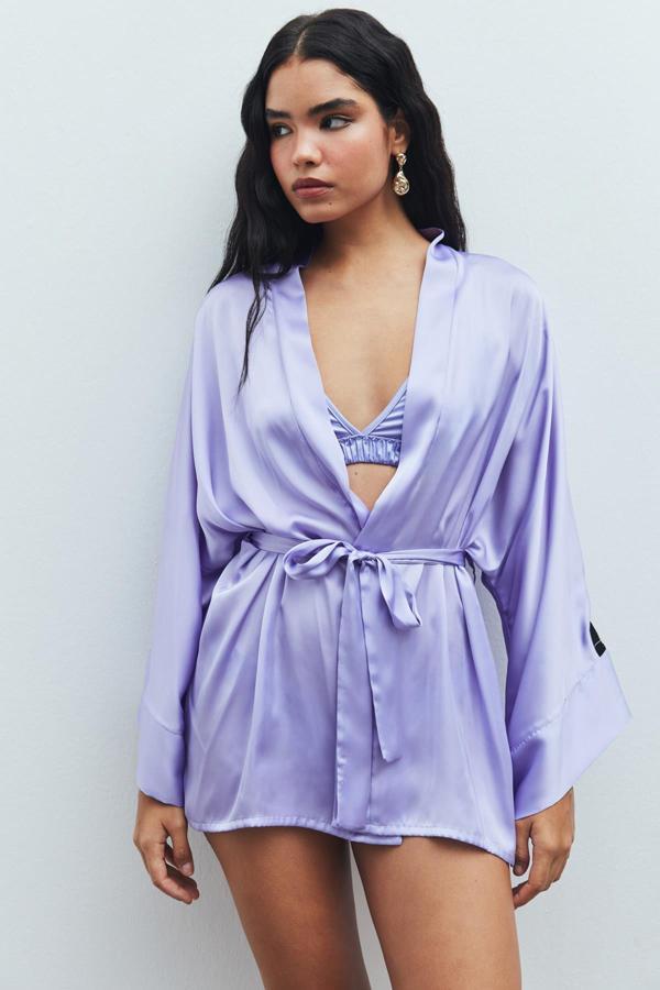 Fumée Lila Kısa Saten Sabahlık / Kimono - Image 1