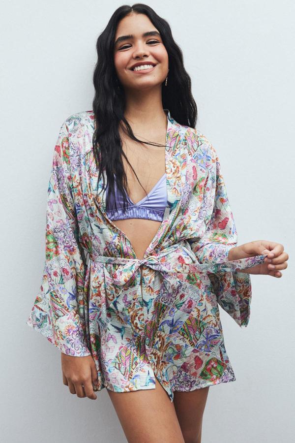 Fumée Petit Desenli Kısa Saten Sabahlık / Kimono - Image 1