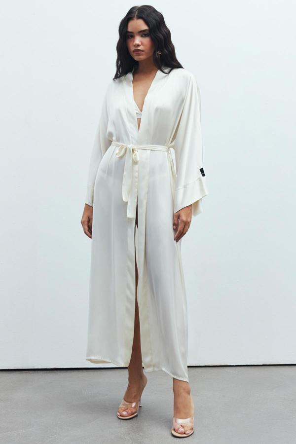 Frappant Ekru Uzun Saten Sabahlık / Kimono - Image 1
