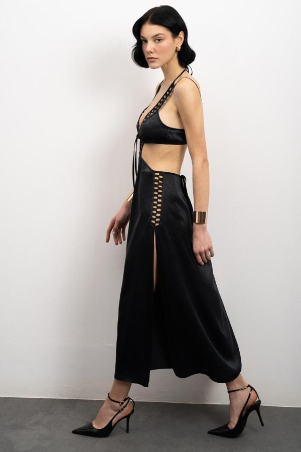 Tearer Grogren Detaylı Siyah Uzun Saten Gecelik - Image 1