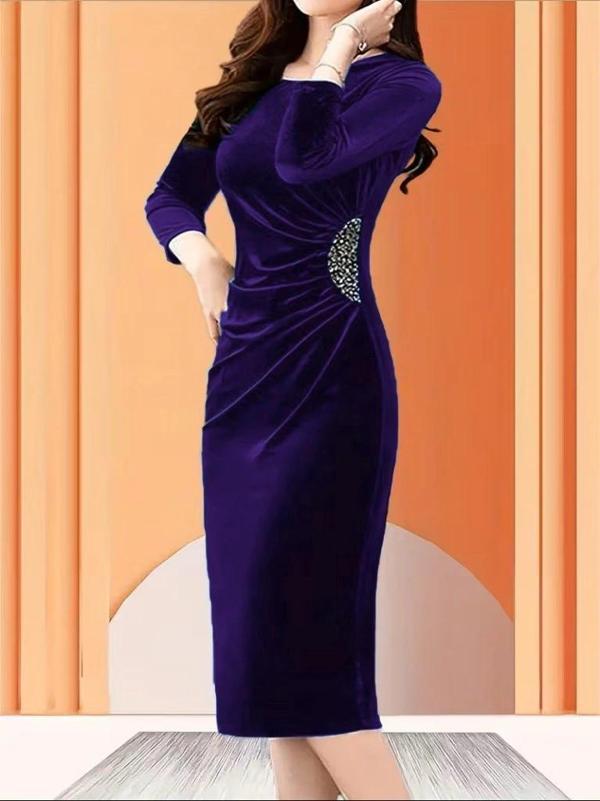 MDB Kadın Uzun Kollu Bot Yaka Yanı Taş Detaylı Midi Kadife Elbise - Image 1