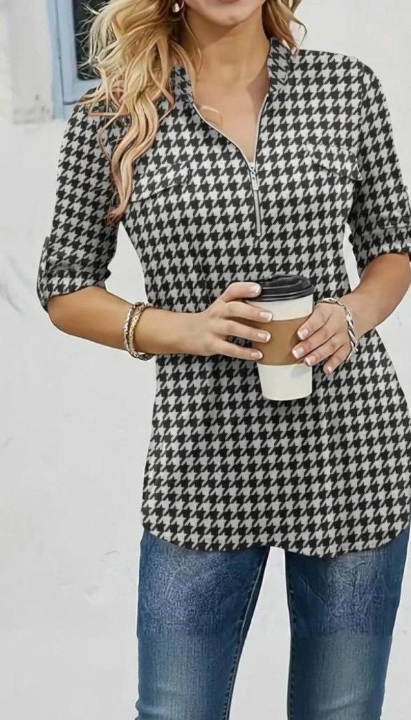 MDB Kadın Uzun Kollu Hakim Yaka Yakadan Fermuarlı Geometrik Desenli Süprem Bluz - Image 1