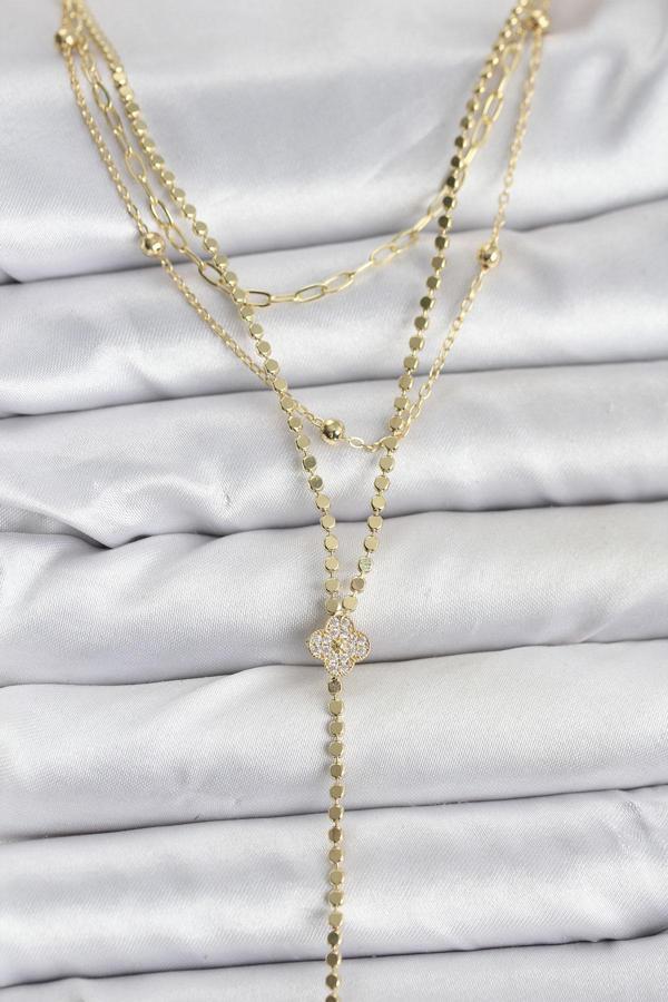 Pirinç Gold Renk Zirkon Taşlı Yonca Model Detaylı 3'lü Kombin Y Kadın Kolye - EBJ251115W38432 - Image 1