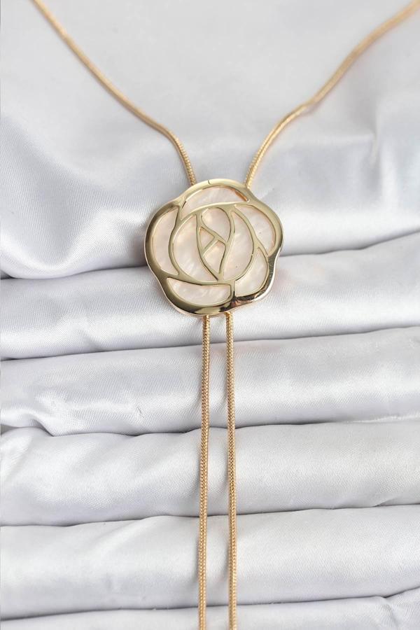 Pirinç Gold Renk Gül Model Asansörlü Kadın Kolye - EBJ251115W38366 - Image 1