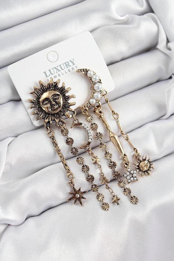 Pirinç Zirkon Taşlı Güneş Ve Ay Figürlü Eskitme Model Sallantılı Küpe - Image 1