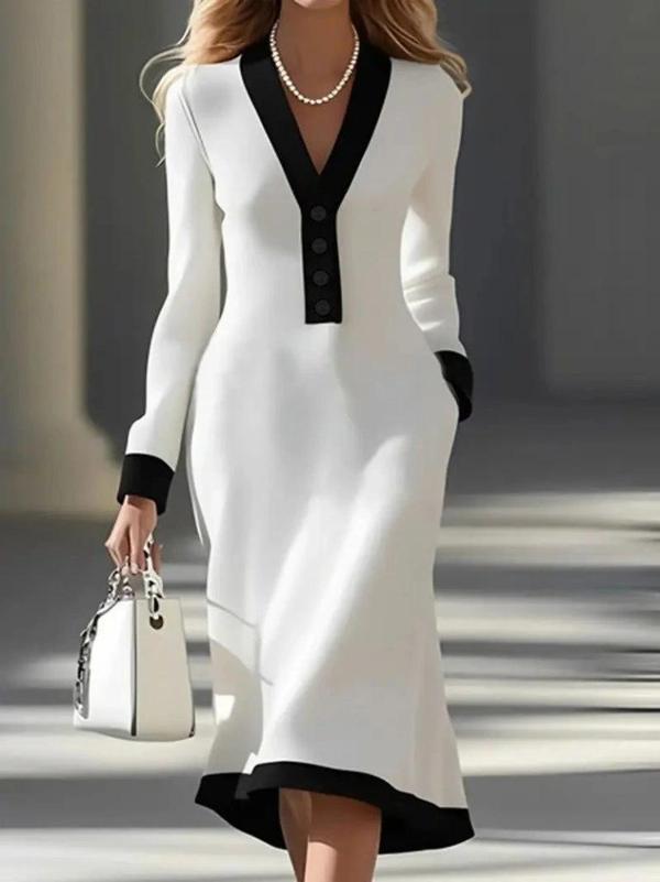 MDB Kadın Uzun Kollu V Yakalı Düğmeli Midi Modal Elbise - Image 1