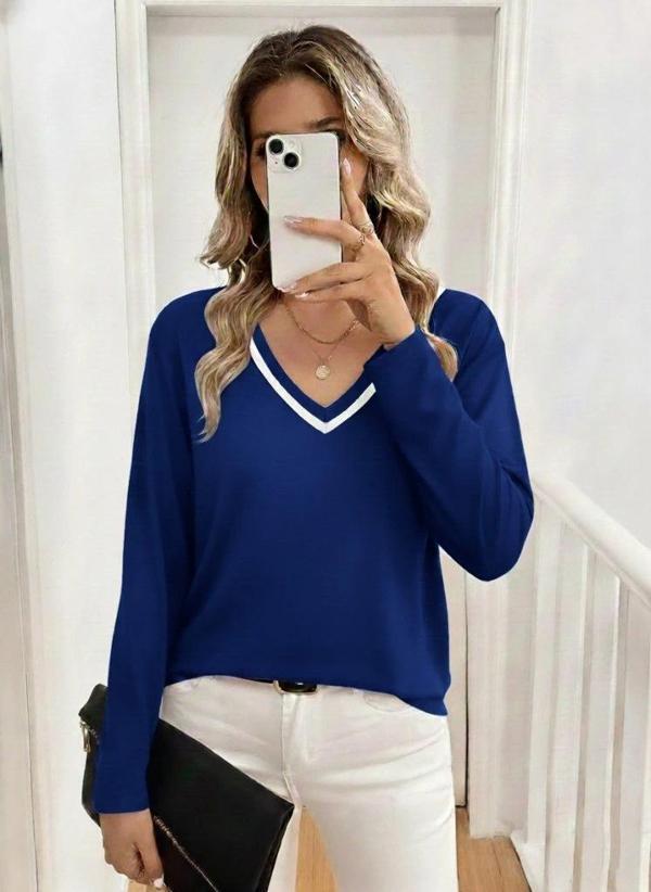 MDB Kadın Uzun Kollu V Yakalı Viskon Iki Iplik Bluz - Image 1