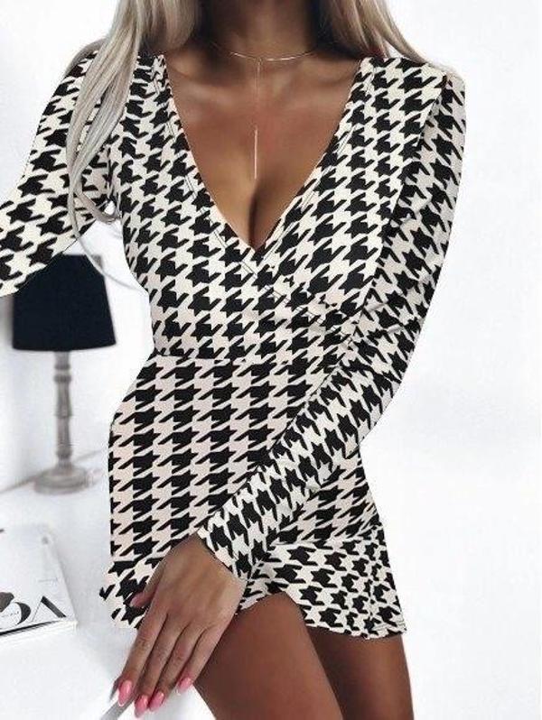 MDB Kadın Uzun Kollu Kruvaze Yaka Kazayağı Mikro Mini Boy Elbise - Image 1