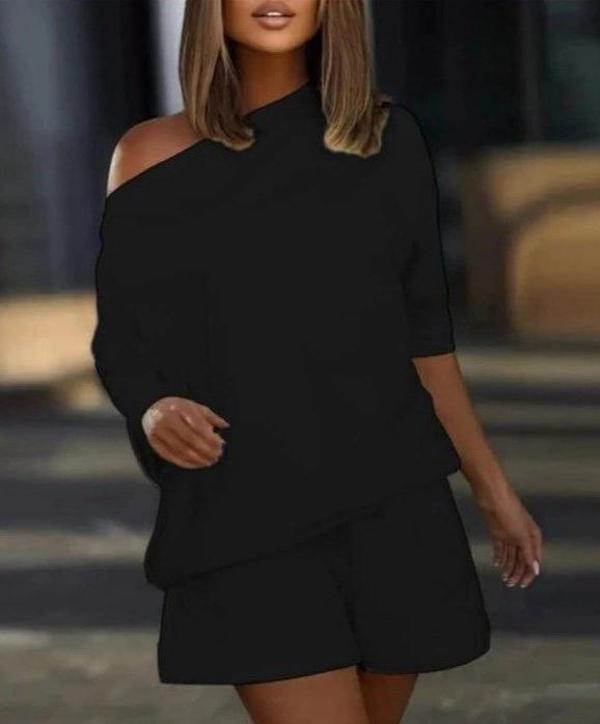 MDB Kadın Kayık Yaka Salaş Iki Iplik Bluz Ve şort Ikili Takım - Image 1