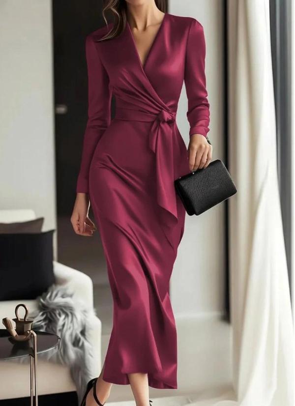 MDB Kadın Uzun Kollu Kruvaze Yakalı Beli Kuşaklı Uzun Saten Elbise - Image 1