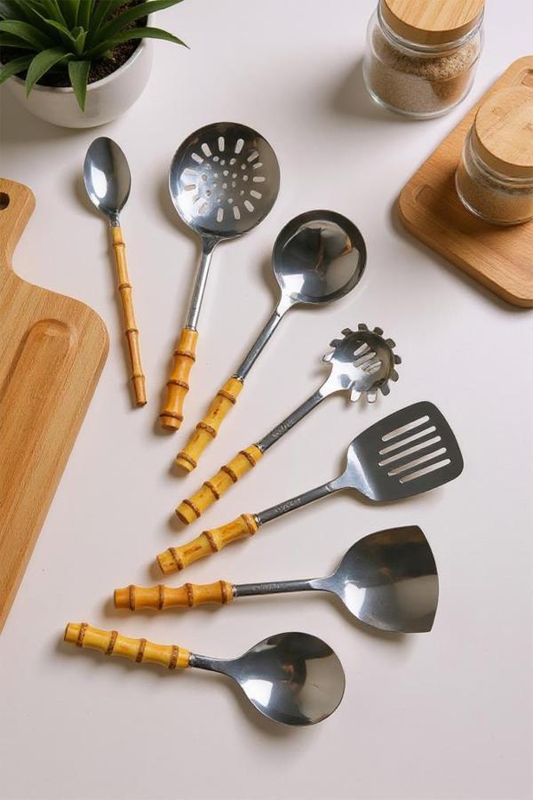 Bambum Mundo 7 Parça Bambu Saplı Çelik Mutfak Gereç Seti Çeyiz Seti Kaşık Kevgir Kepçe - Image 1