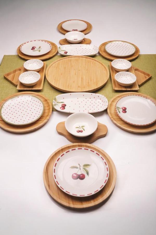 Atbyhome Eden 6 Kişilik 27 Parça Doğal Bambu Porselen Kahvaltı Takımı – Kahvaltı Seti Sunum Seti - Image 1
