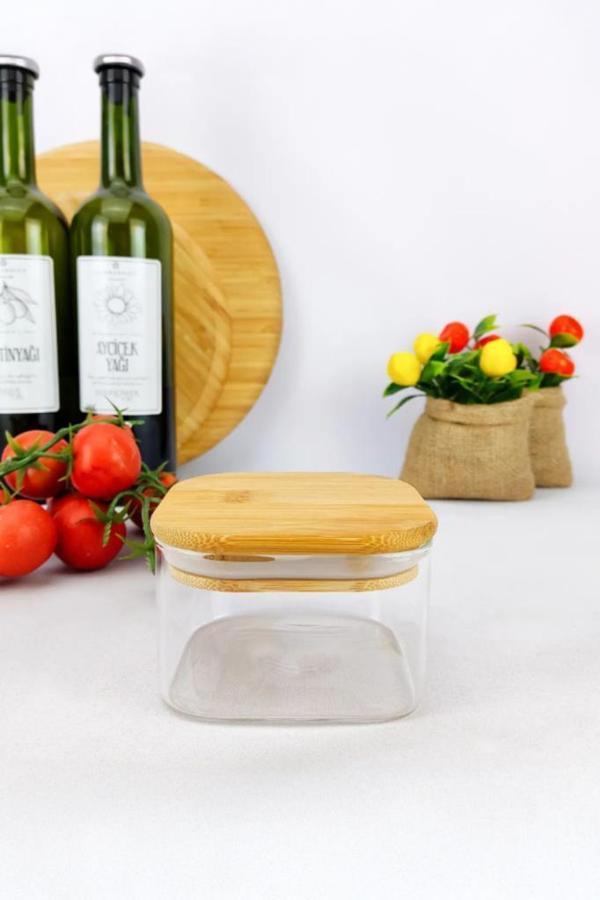 Duo 400 Ml Bambu Kapaklı Kare Borosilikat Cam Kase - 1 Adet - Image 1