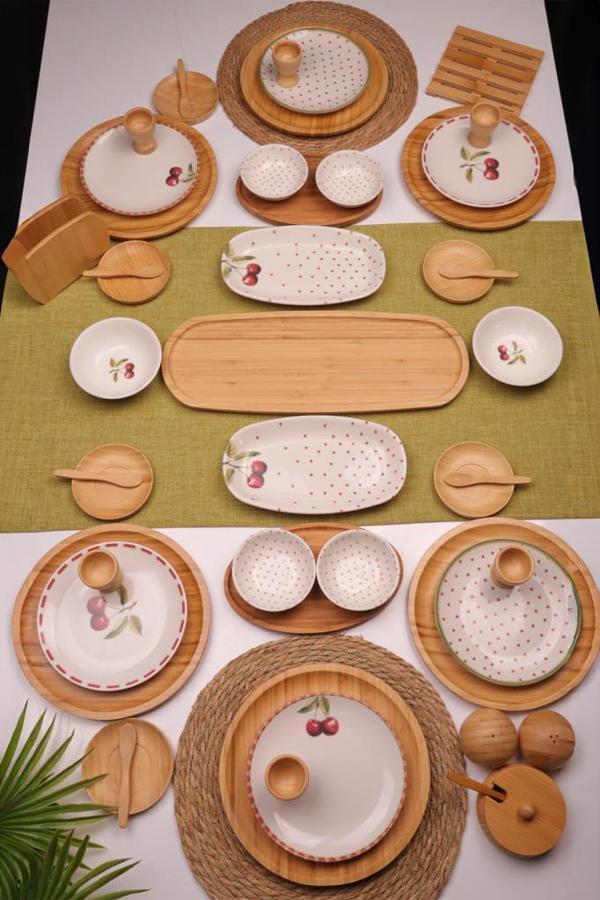 Atbyhome Viva 6 Kişilik 48 Parça Doğal Bambu Porselen Kahvaltı Takımı – Kahvaltı Seti Sunum Seti - Image 1