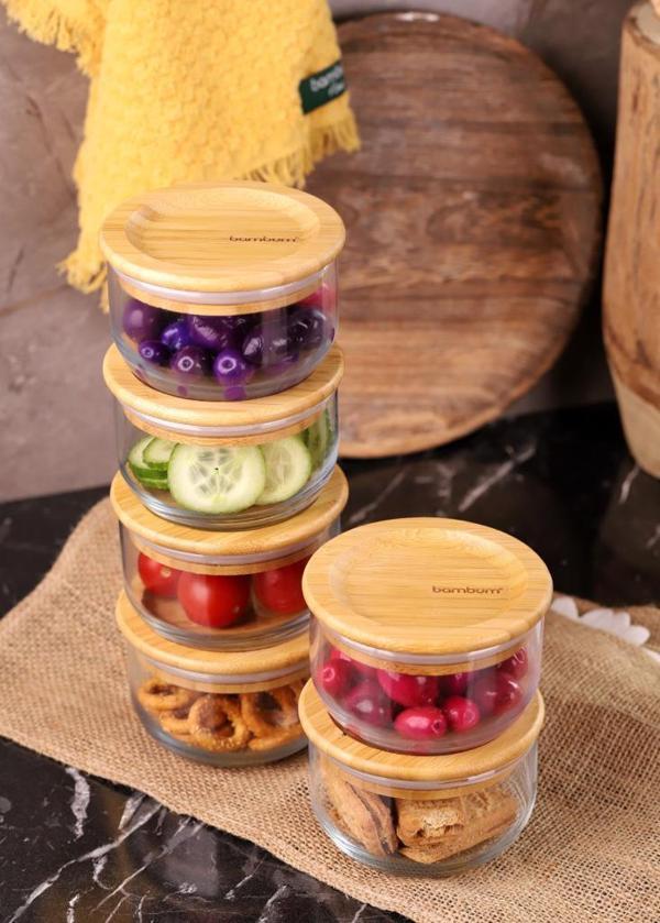 Bambum Duo 300ml 6'lı Bambu Kapaklı Cam Kahvaltılık Seti - Image 1