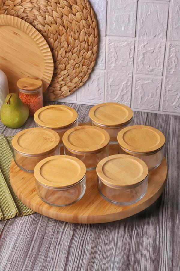 Bambum Duo 300ml 7'li Döner Tepsili Bambu Silikonlu Kapaklı Hava Aldırmaz Cam Kahvaltılık - Image 1