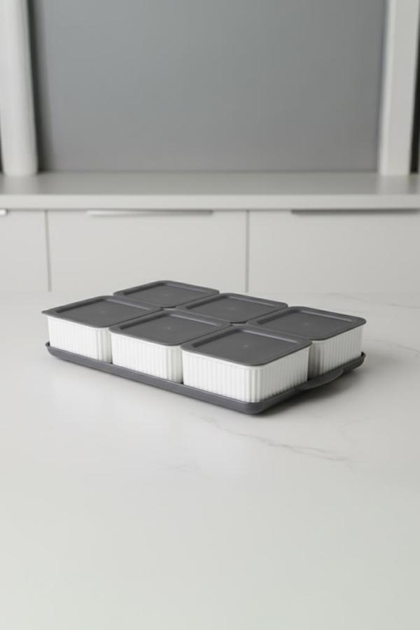 Atbyhome Valverdi - 6'lı 13 Parça Plastik Kahvaltılık Kahvaltı Seti Sunum Seti Gri Tepsili - Image 1