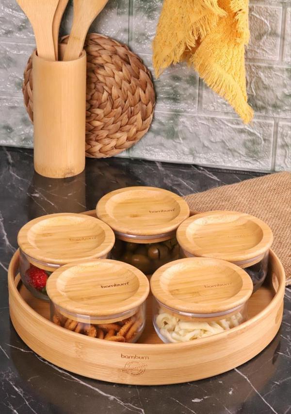 atbyhome Duo 300ml 5'li Tepsili Bambu Silikonlu Kapaklı Hava Aldırmaz Cam Kahvaltılık - Image 1