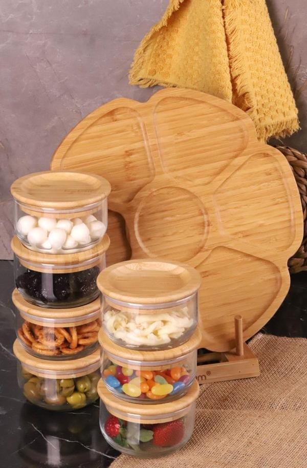 Bambum Duo 300ml 7'li Dönen Servisli Bambu Silikonlu Kapaklı Hava Aldırmaz Cam Kahvaltılık - Image 1